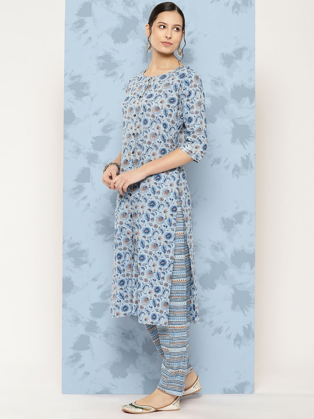 Women Blue Floral Printed A-Line Kurta With Palazzo And Dupatta | LASVINI - Redefining Indian Fashion with Elegance