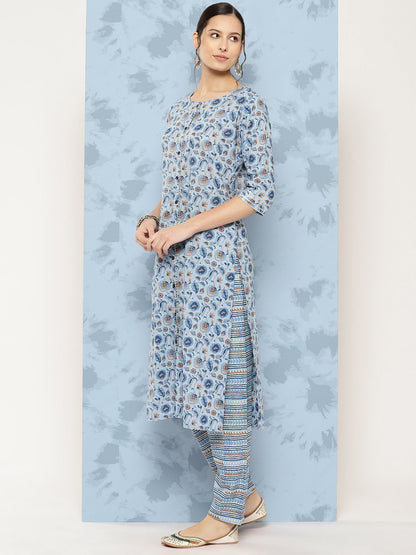 Women Blue Floral Printed A-Line Kurta With Palazzo And Dupatta | LASVINI - Redefining Indian Fashion with Elegance