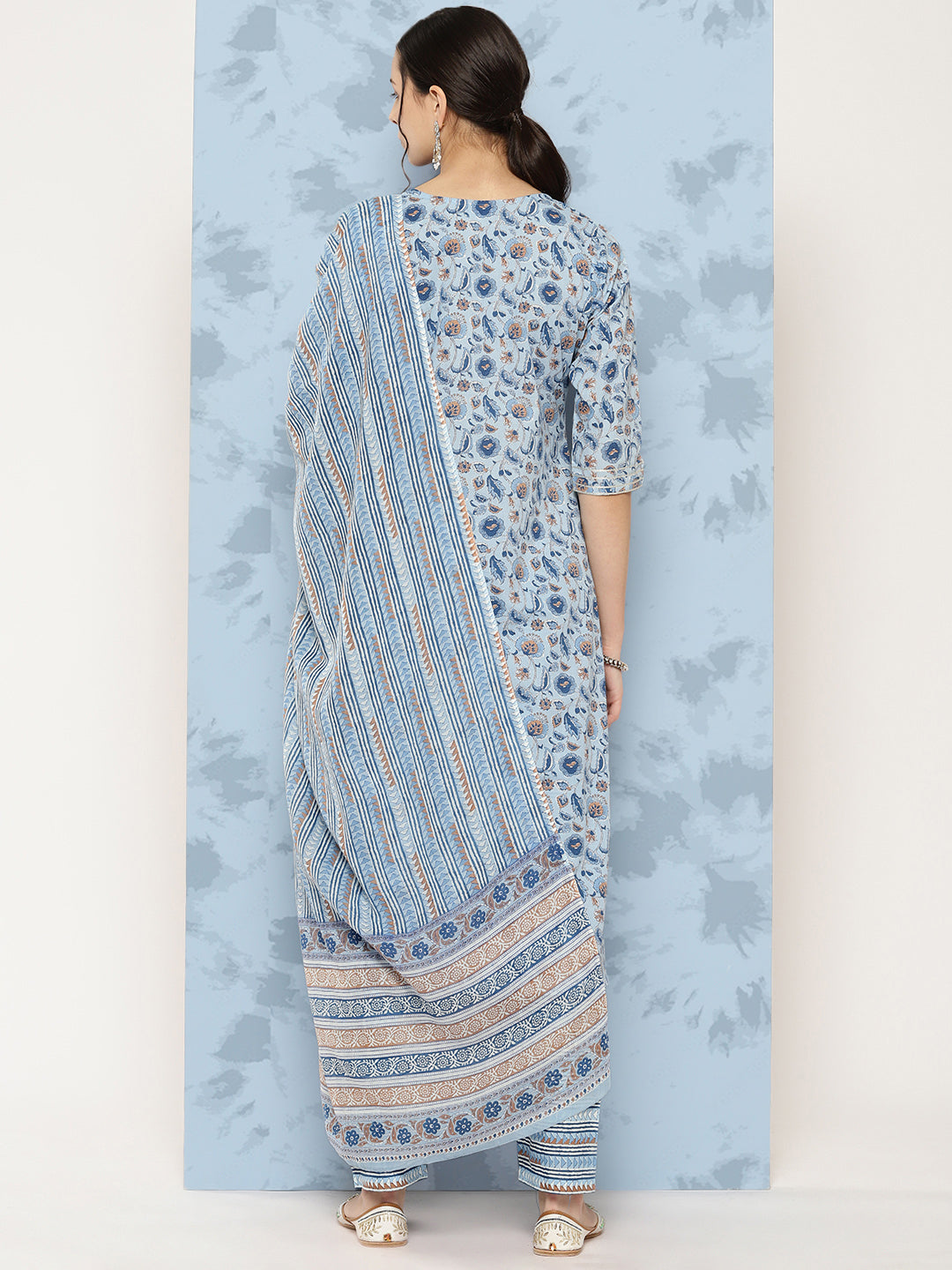 Women Blue Floral Printed A-Line Kurta With Palazzo And Dupatta | LASVINI - Redefining Indian Fashion with Elegance