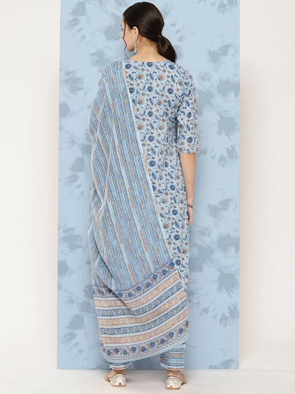 Women Blue Floral Printed A-Line Kurta With Palazzo And Dupatta | LASVINI - Redefining Indian Fashion with Elegance