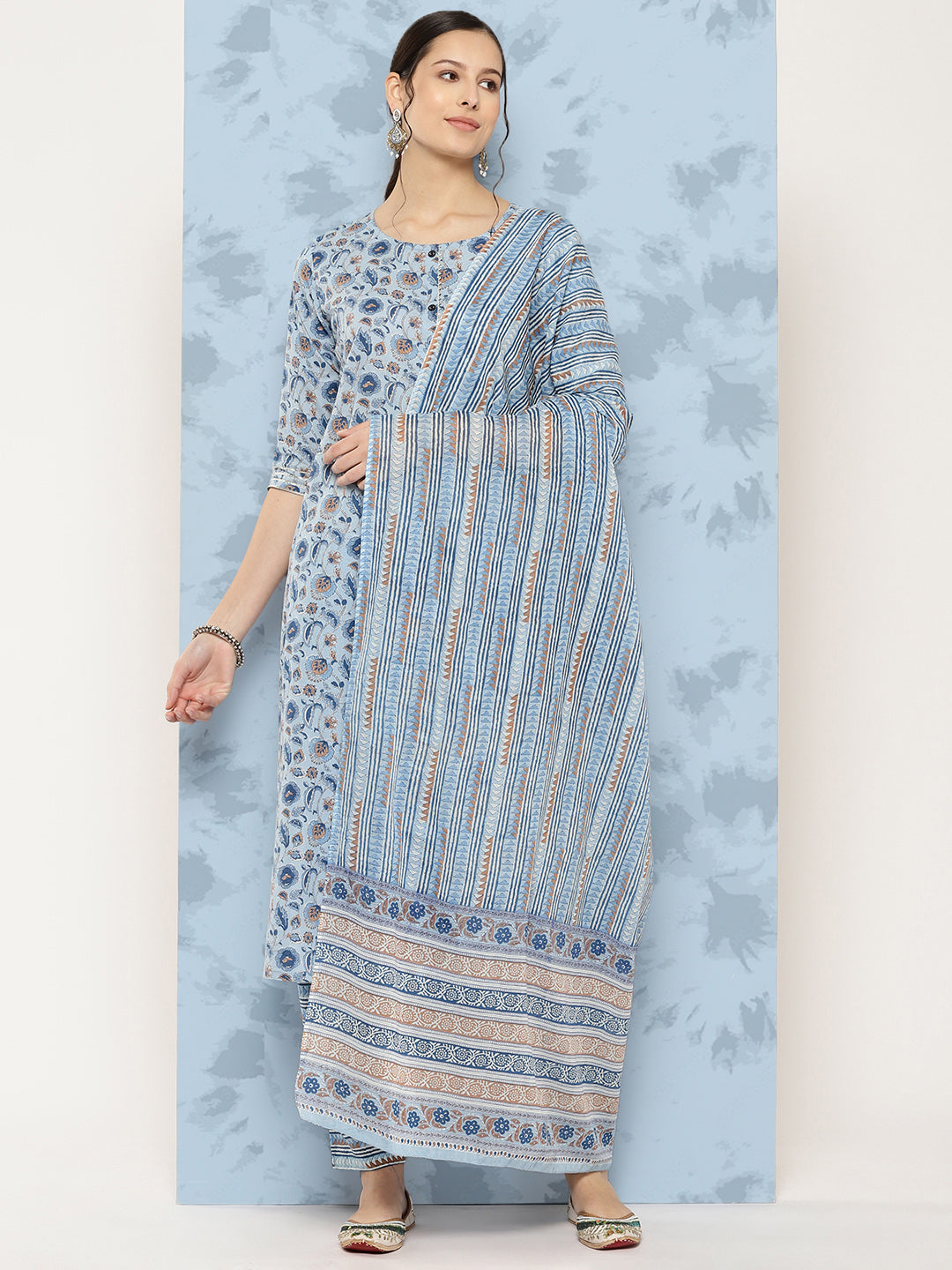 Women Blue Floral Printed A-Line Kurta With Palazzo And Dupatta | LASVINI - Redefining Indian Fashion with Elegance