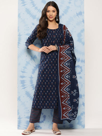 Women Blue Ethnic Printed Straight Kurta With Trouser | LASVINI - Redefining Indian Fashion with Elegance