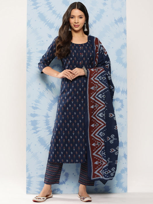 Women Blue Ethnic Printed Straight Kurta With Trouser | LASVINI - Redefining Indian Fashion with Elegance