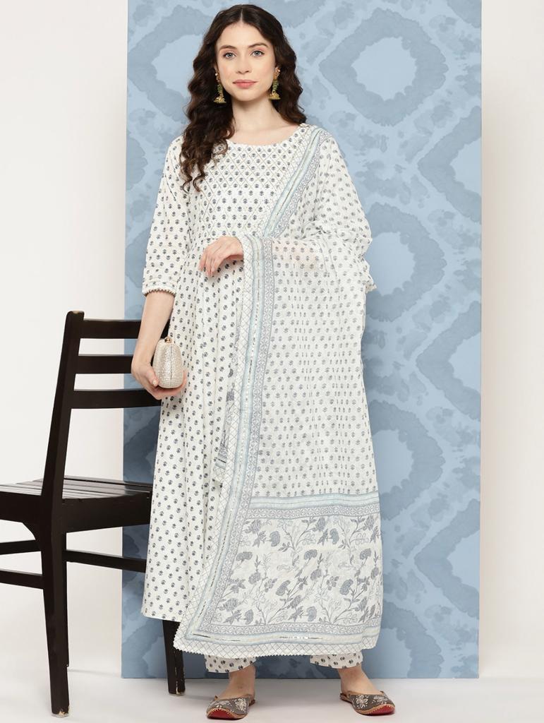 Women Off White Flared Kurta With Trouser & Dupatta | LASVINI - Redefining Indian Fashion with Elegance