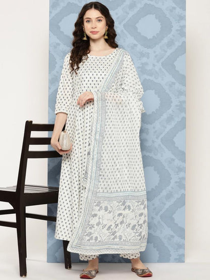 Women Off White Flared Kurta With Trouser & Dupatta | LASVINI - Redefining Indian Fashion with Elegance