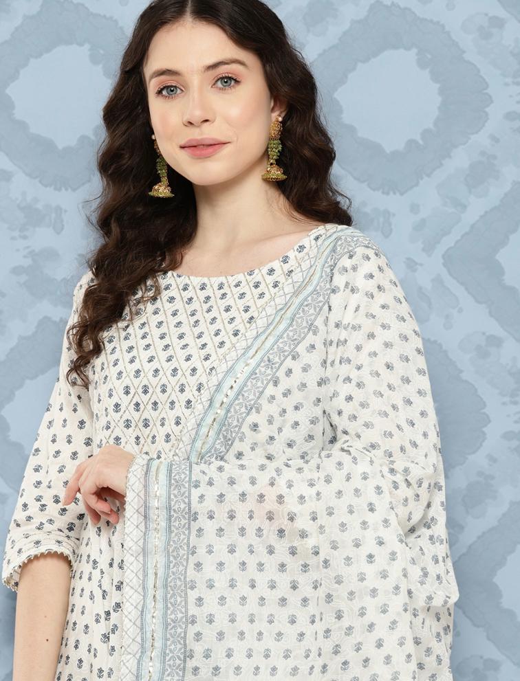 Women Off White Flared Kurta With Trouser & Dupatta | LASVINI - Redefining Indian Fashion with Elegance