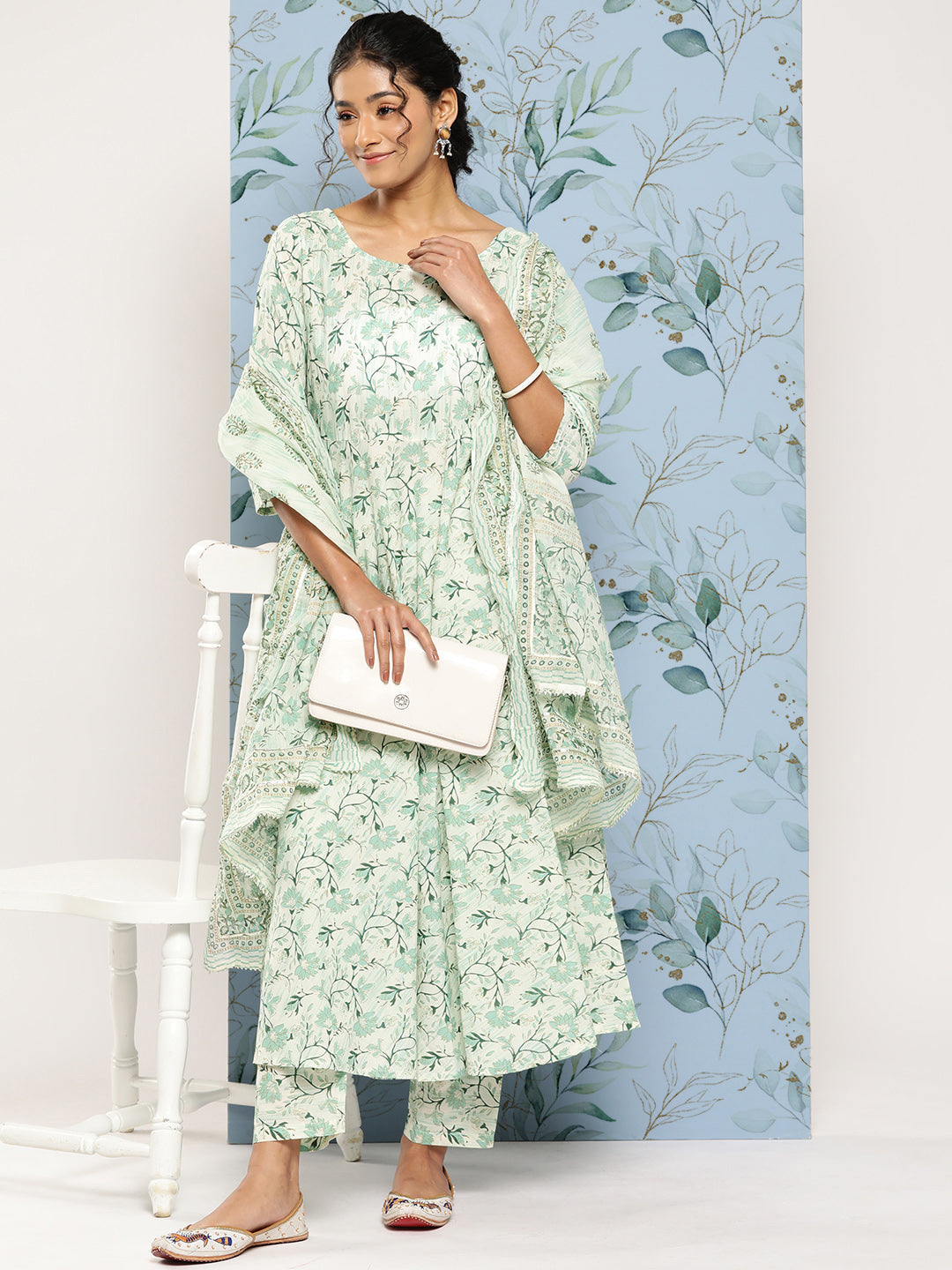 Women Green Printed Anarkali Kurta With Trouser And Dupatta | LASVINI - Redefining Indian Fashion with Elegance