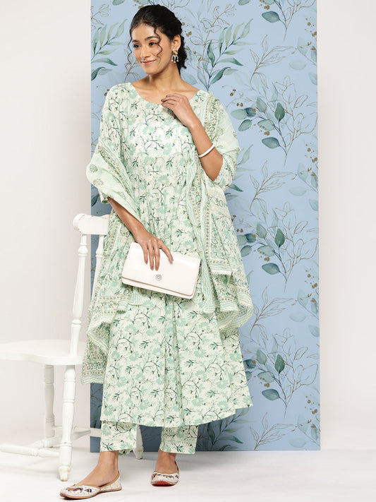 Women Green Printed Anarkali Kurta With Trouser And Dupatta | LASVINI - Redefining Indian Fashion with Elegance