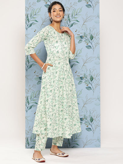 Women Green Printed Anarkali Kurta With Trouser And Dupatta | LASVINI - Redefining Indian Fashion with Elegance