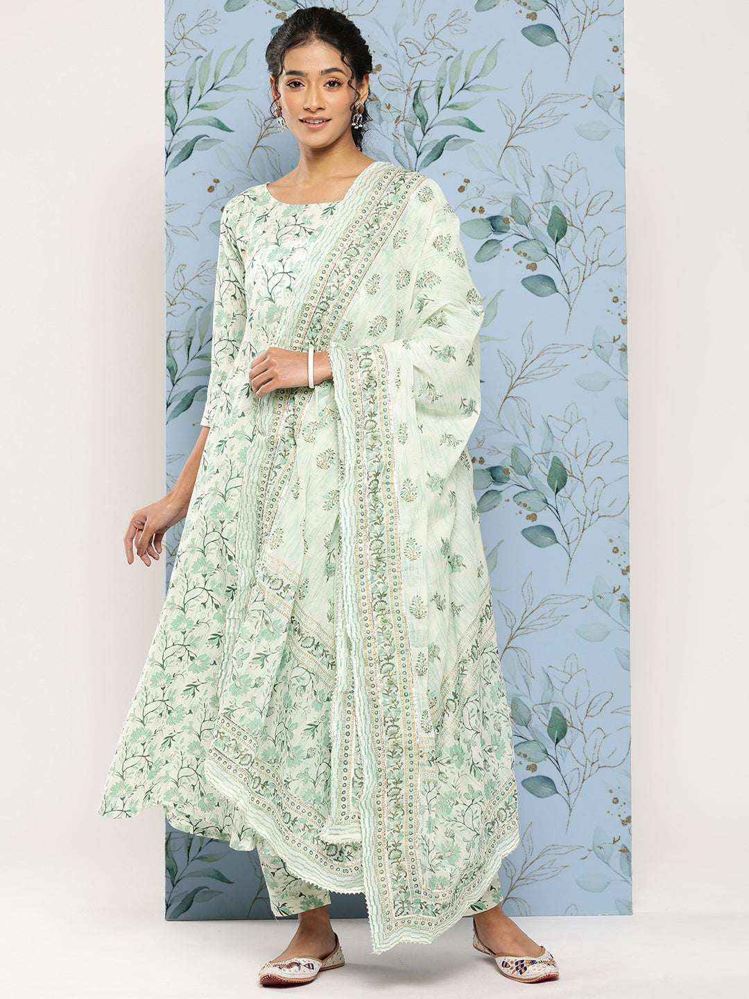 Women Green Printed Anarkali Kurta With Trouser And Dupatta | LASVINI - Redefining Indian Fashion with Elegance