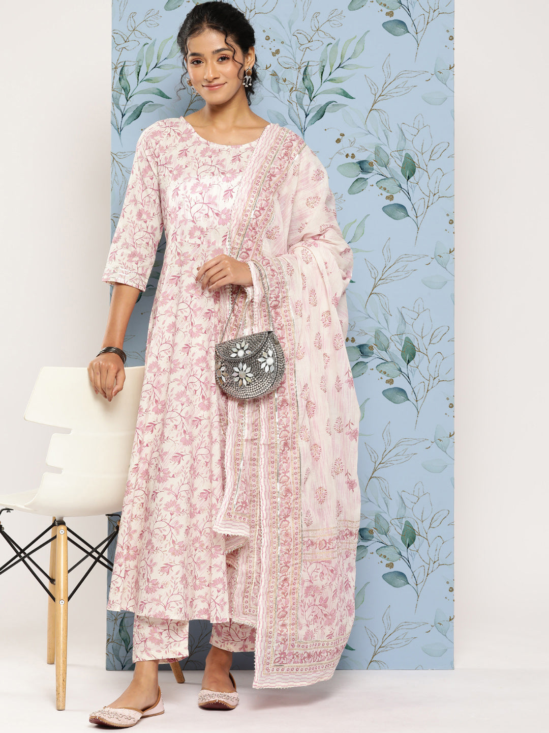 Women Off- White & Pink Printed Anarkali Kurta With Trouser And Dupatta | LASVINI - Redefining Indian Fashion with Elegance