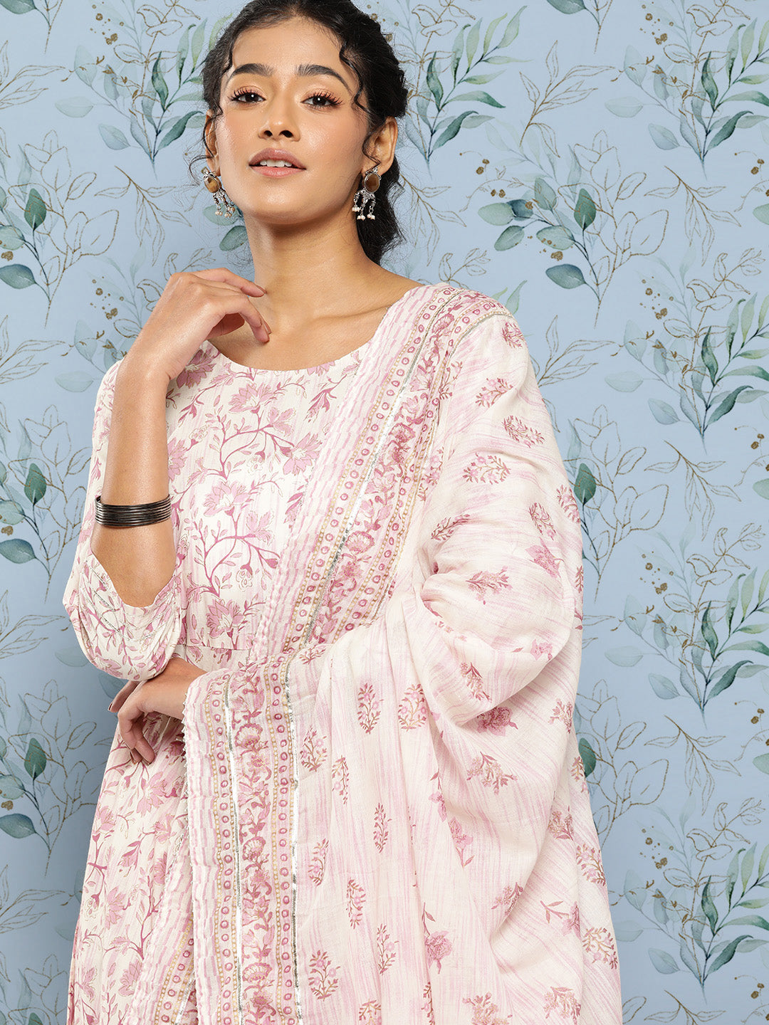 Women Off- White & Pink Printed Anarkali Kurta With Trouser And Dupatta | LASVINI - Redefining Indian Fashion with Elegance