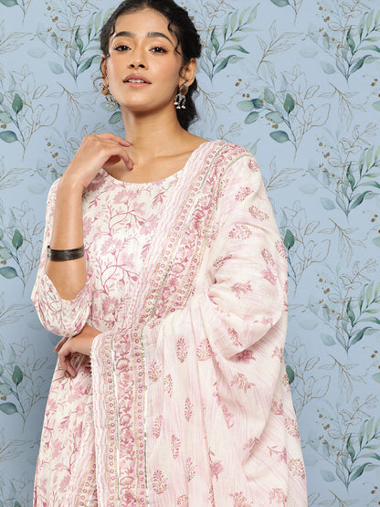 Women Off- White & Pink Printed Anarkali Kurta With Trouser And Dupatta | LASVINI - Redefining Indian Fashion with Elegance