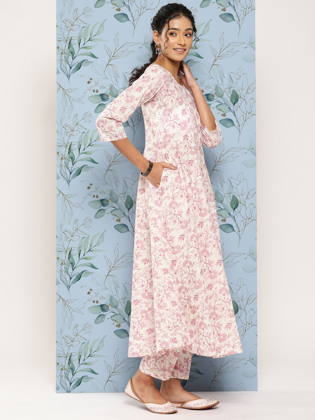 Women Off- White & Pink Printed Anarkali Kurta With Trouser And Dupatta | LASVINI - Redefining Indian Fashion with Elegance