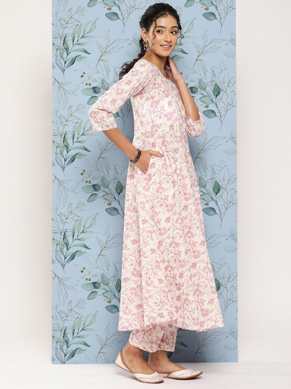 Women Off- White & Pink Printed Anarkali Kurta With Trouser And Dupatta | LASVINI - Redefining Indian Fashion with Elegance