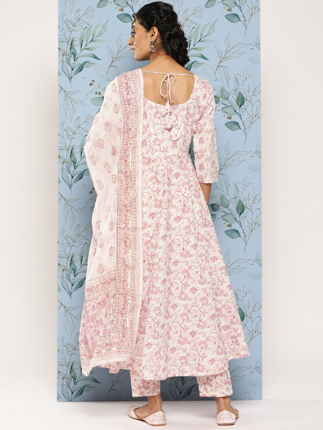 Women Off- White & Pink Printed Anarkali Kurta With Trouser And Dupatta | LASVINI - Redefining Indian Fashion with Elegance