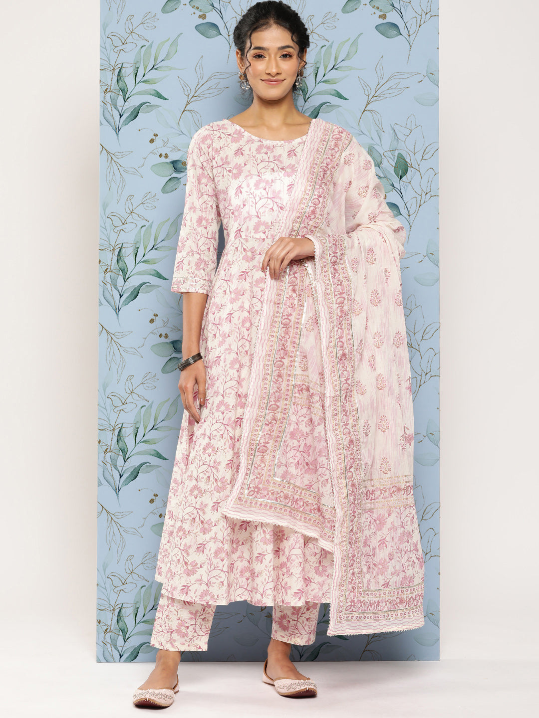 Women Off- White & Pink Printed Anarkali Kurta With Trouser And Dupatta | LASVINI - Redefining Indian Fashion with Elegance