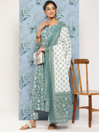 Women Green Floral Printed Anarkali Kurta With Trouser And Dupatta | LASVINI - Redefining Indian Fashion with Elegance
