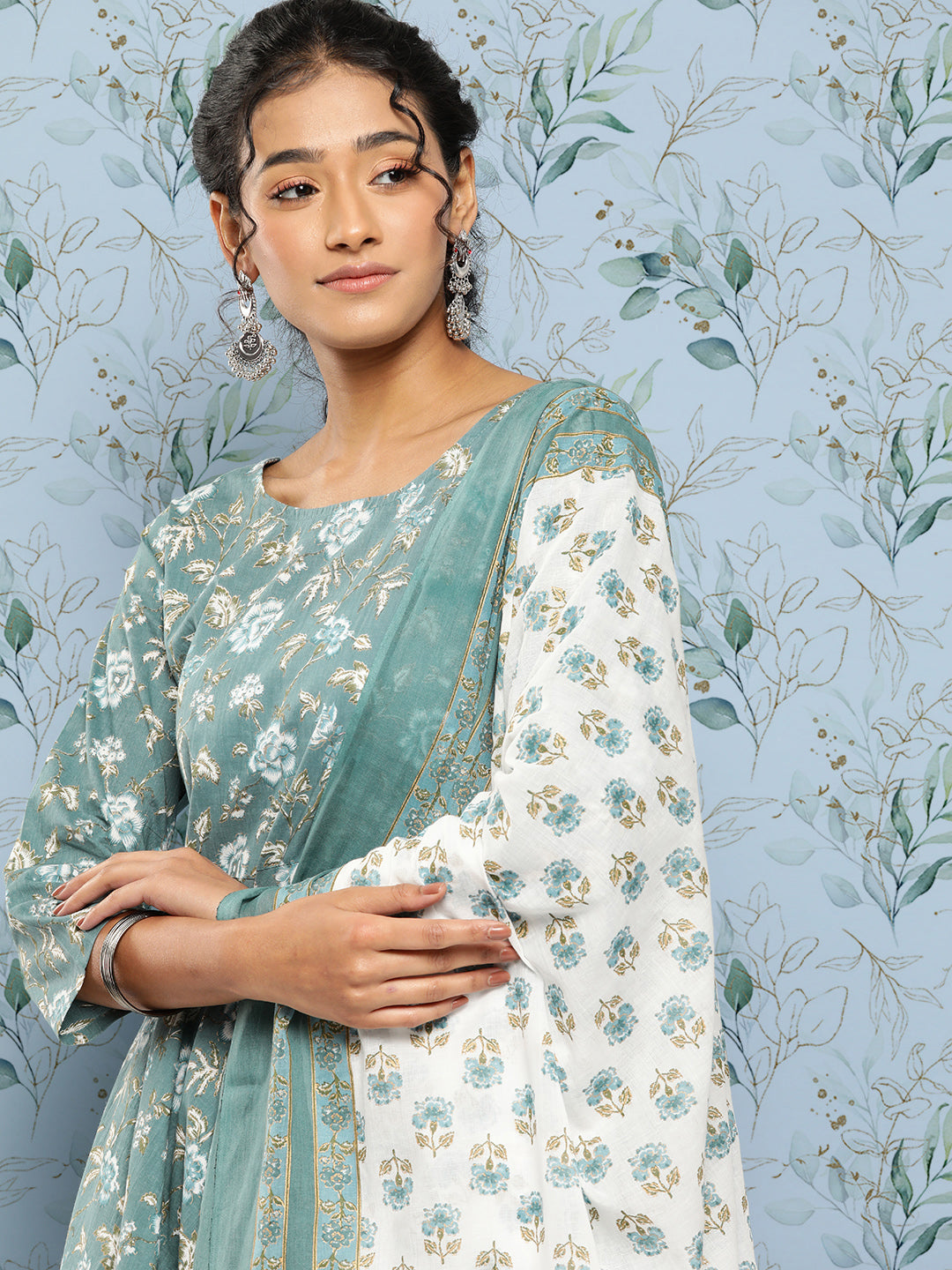Women Green Floral Printed Anarkali Kurta With Trouser And Dupatta | LASVINI - Redefining Indian Fashion with Elegance