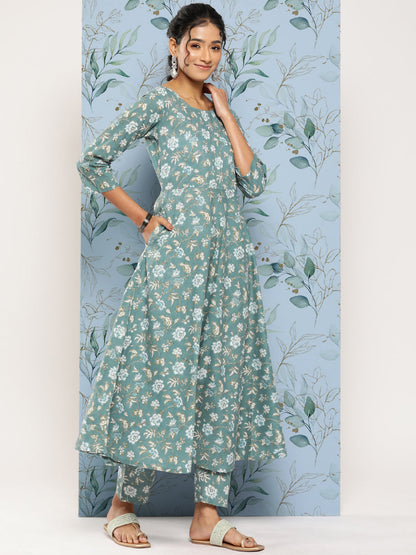 Women Green Floral Printed Anarkali Kurta With Trouser And Dupatta | LASVINI - Redefining Indian Fashion with Elegance