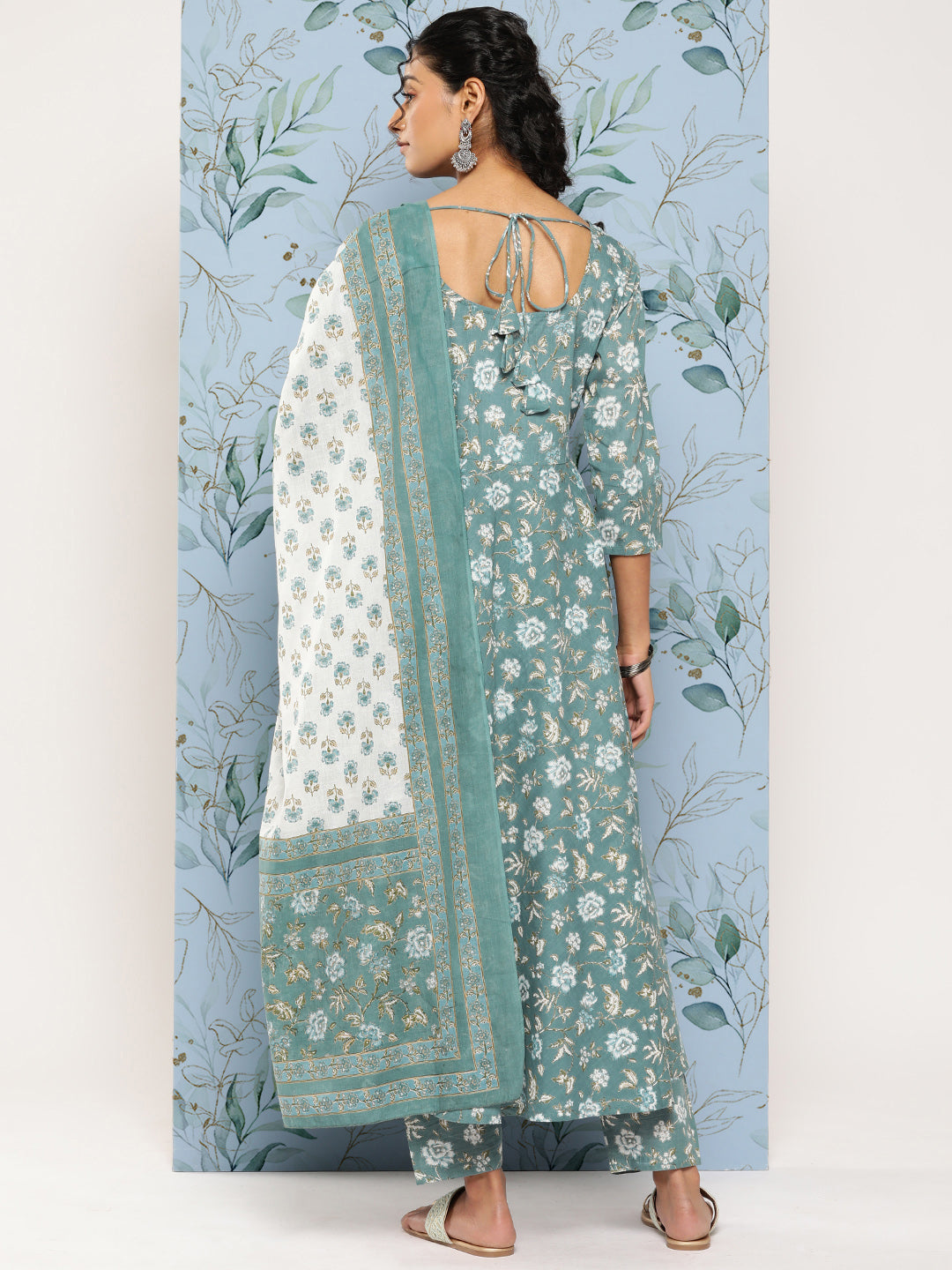 Women Green Floral Printed Anarkali Kurta With Trouser And Dupatta | LASVINI - Redefining Indian Fashion with Elegance