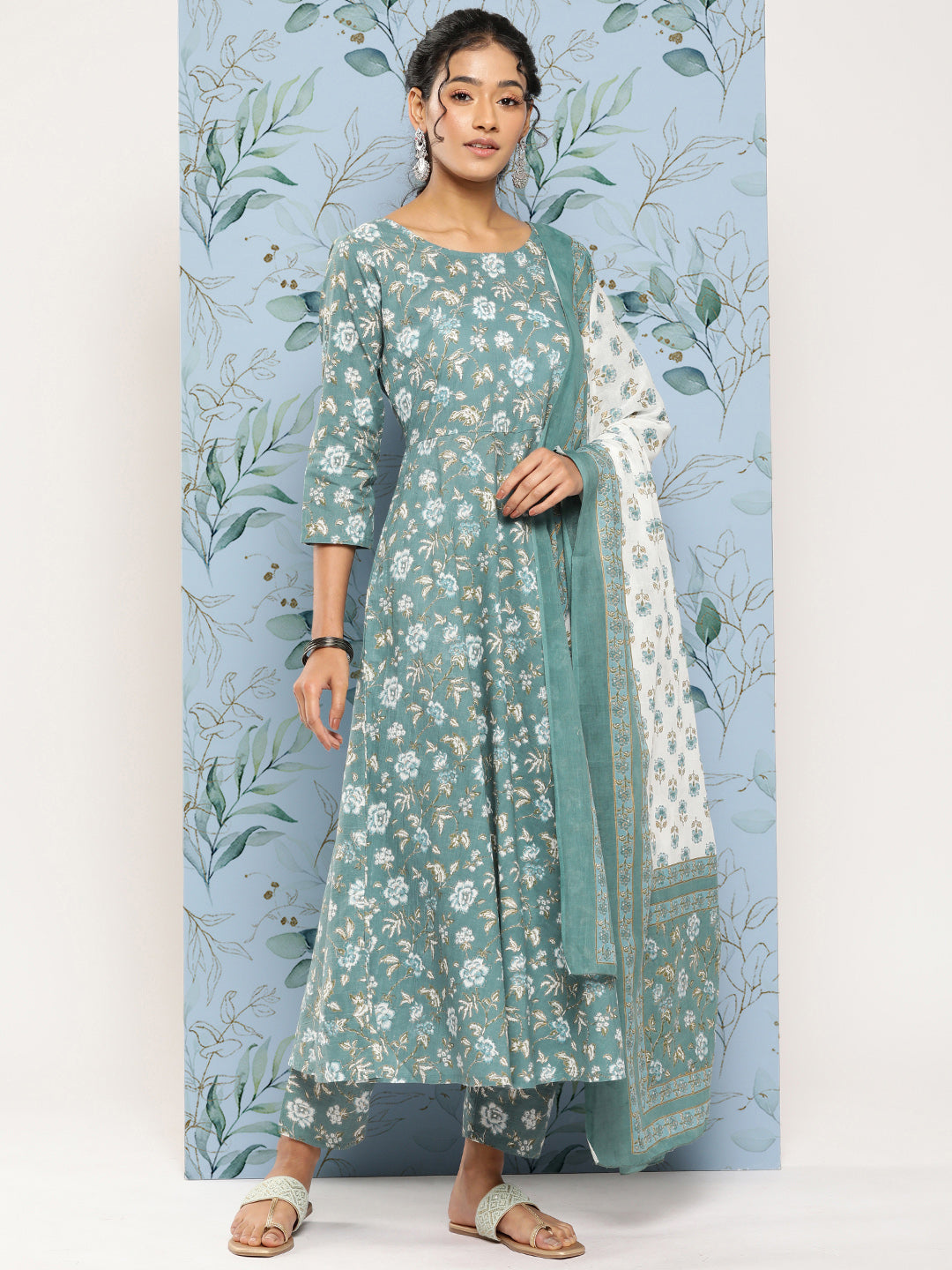 Women Green Floral Printed Anarkali Kurta With Trouser And Dupatta | LASVINI - Redefining Indian Fashion with Elegance