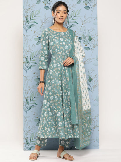 Women Green Floral Printed Anarkali Kurta With Trouser And Dupatta | LASVINI - Redefining Indian Fashion with Elegance