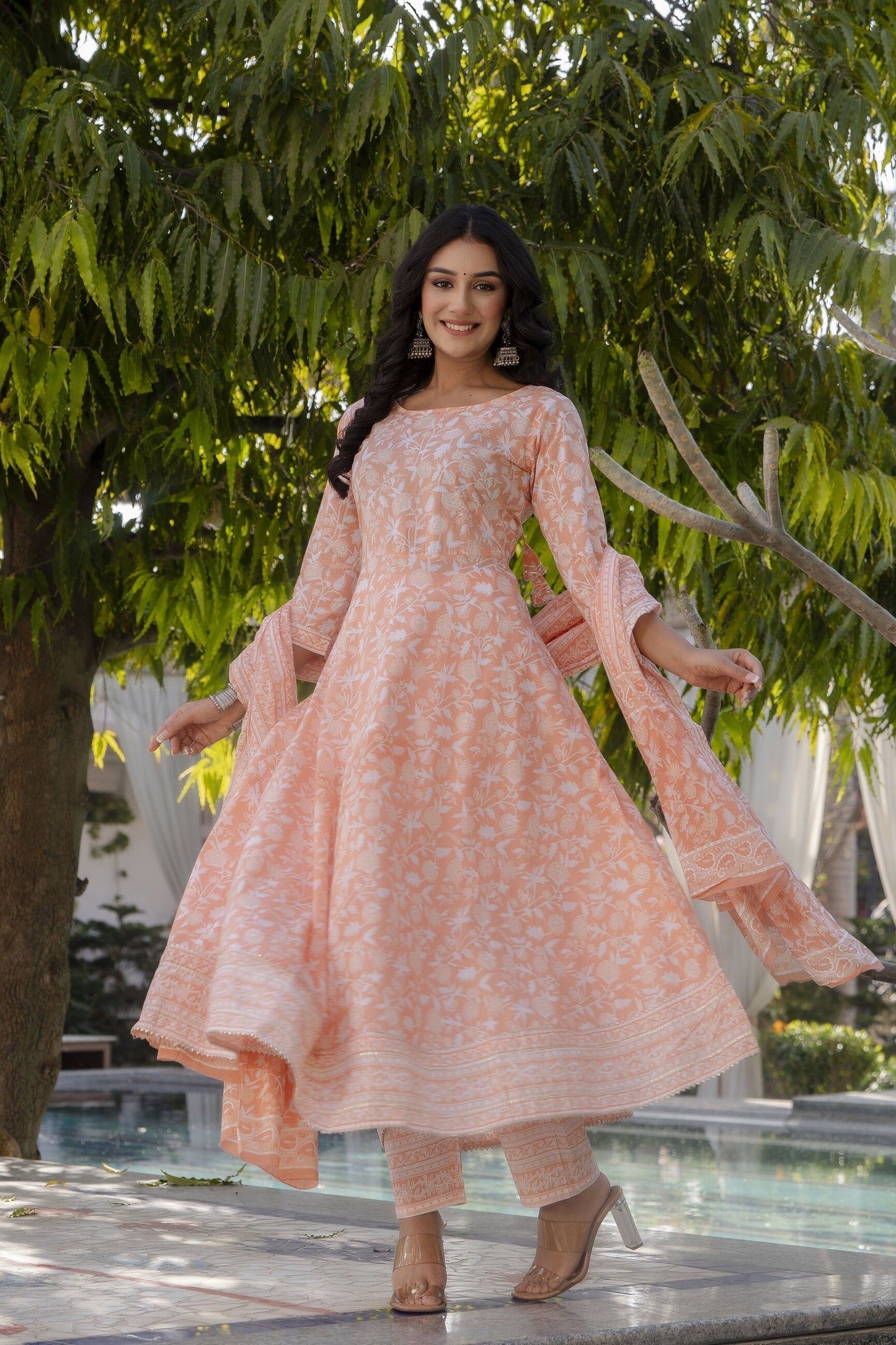 Women Peach Printed Anarkali Kurta With Trouser And Dupatta | LASVINI - Redefining Indian Fashion with Elegance