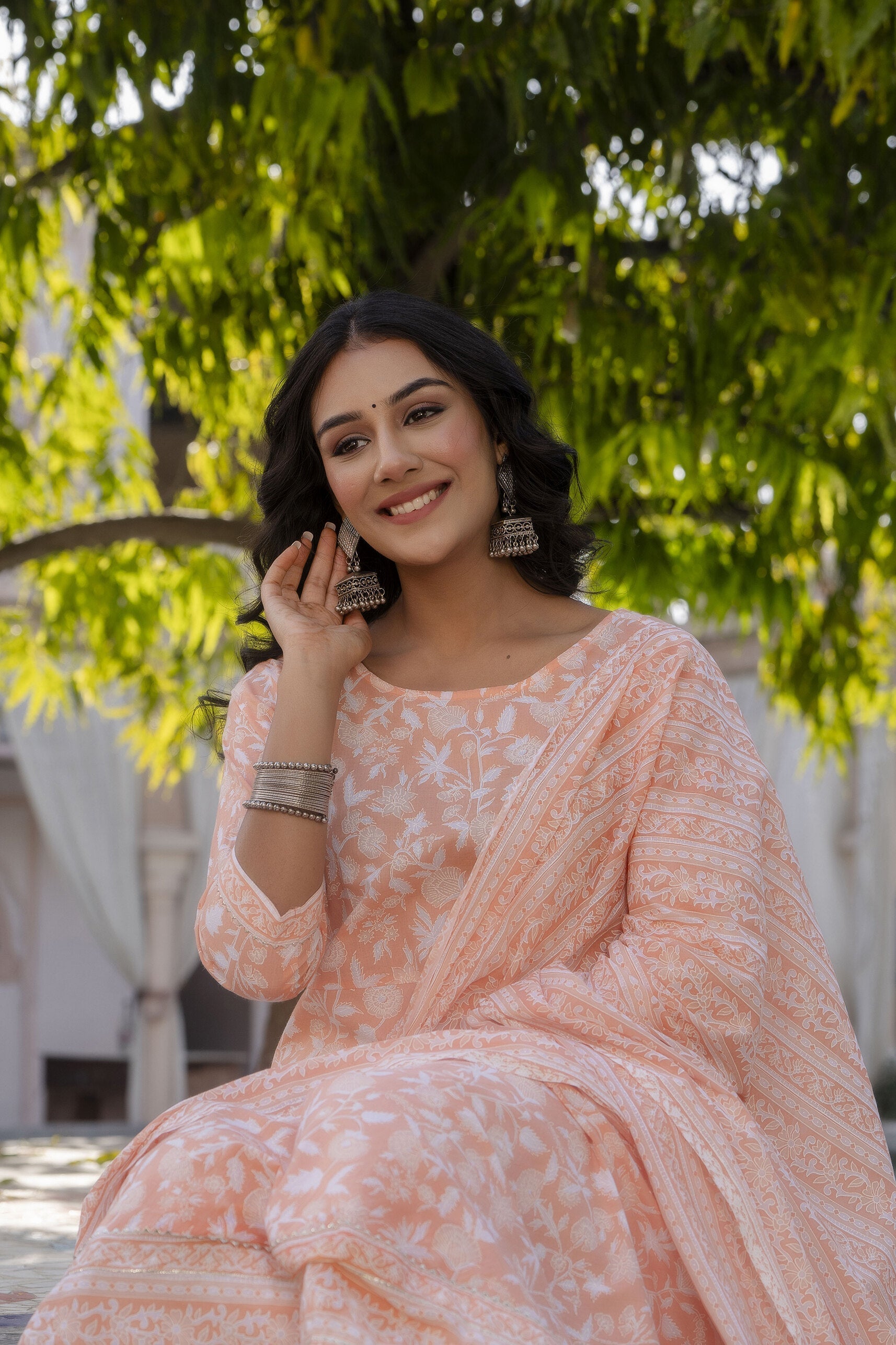 Women Peach Printed Anarkali Kurta With Trouser And Dupatta | LASVINI - Redefining Indian Fashion with Elegance