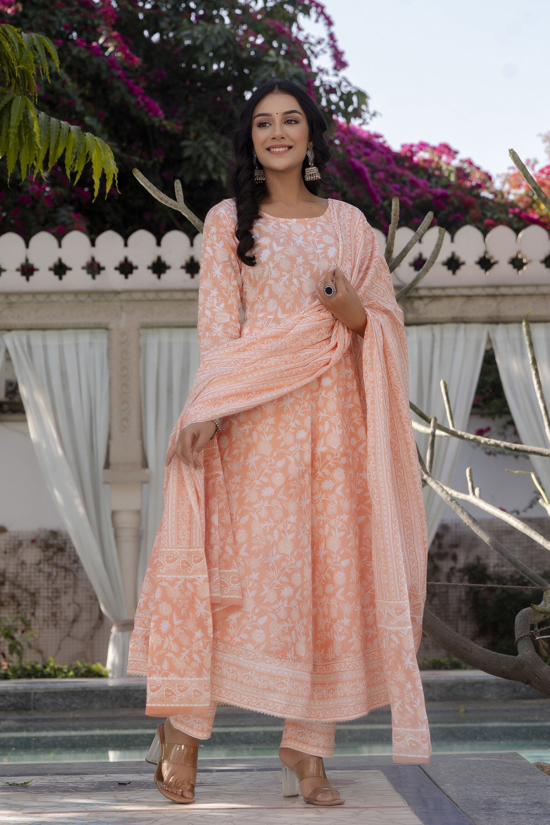 Women Peach Printed Anarkali Kurta With Trouser And Dupatta | LASVINI - Redefining Indian Fashion with Elegance