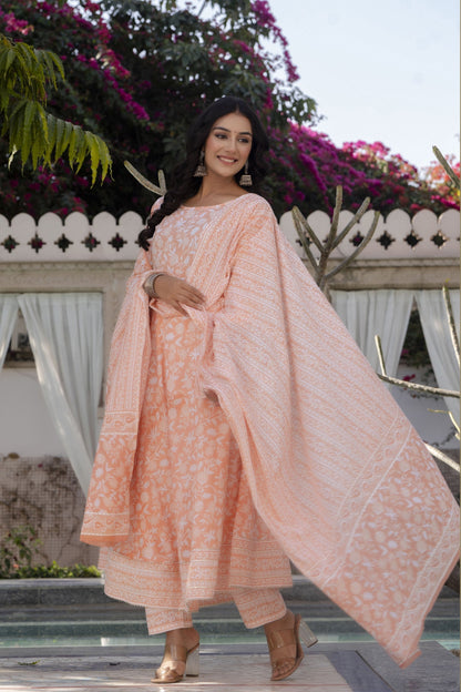 Women Peach Printed Anarkali Kurta With Trouser And Dupatta | LASVINI - Redefining Indian Fashion with Elegance