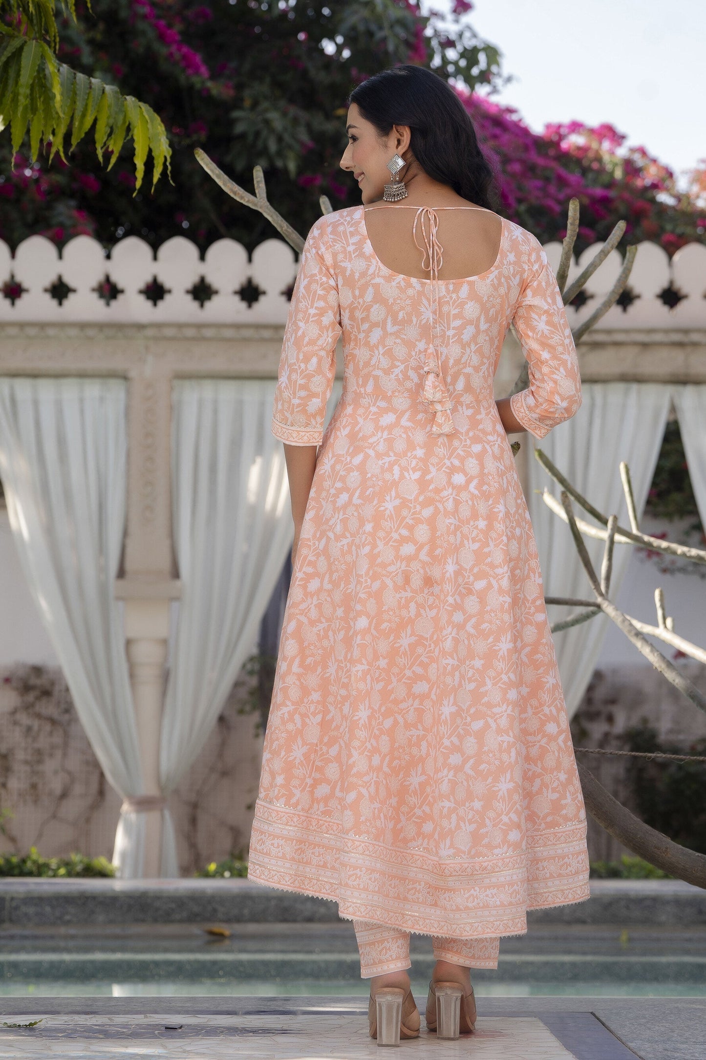 Women Peach Printed Anarkali Kurta With Trouser And Dupatta | LASVINI - Redefining Indian Fashion with Elegance