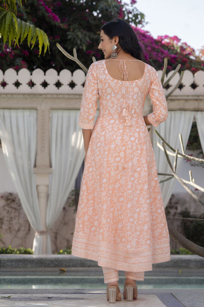 Women Peach Printed Anarkali Kurta With Trouser And Dupatta | LASVINI - Redefining Indian Fashion with Elegance