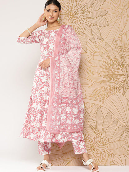 Women Mauve Printed Anarkali Kurta With Trouser And Dupatta | LASVINI - Redefining Indian Fashion with Elegance