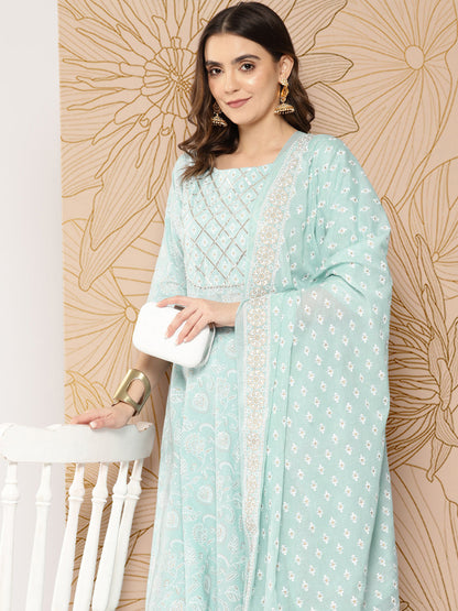 Women Blue Ethnic Printed Kurta With Trouser And Dupatta | LASVINI - Redefining Indian Fashion with Elegance