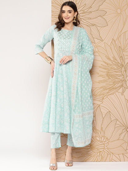 Women Blue Ethnic Printed Kurta With Trouser And Dupatta | LASVINI - Redefining Indian Fashion with Elegance