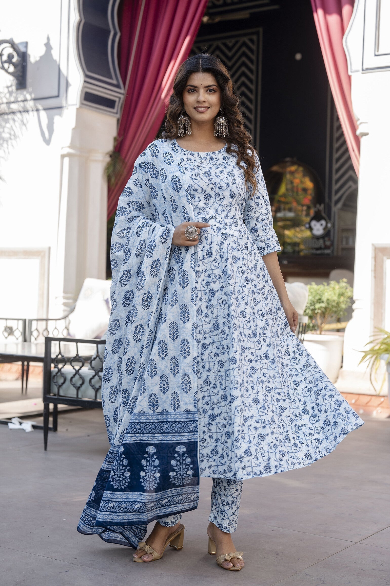Women Blue Floral Printed Anarkali Kurta With Trouser And Dupatta | LASVINI - Redefining Indian Fashion with Elegance