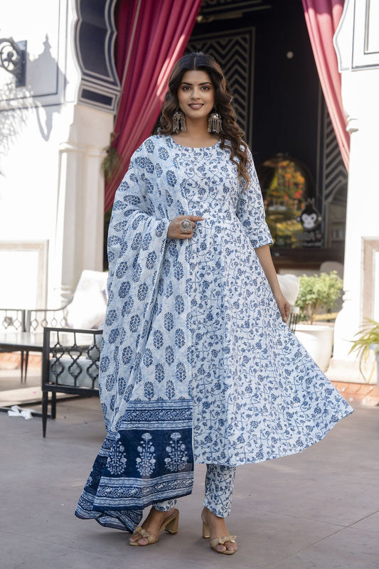 Women Blue Floral Printed Anarkali Kurta With Trouser And Dupatta | LASVINI - Redefining Indian Fashion with Elegance