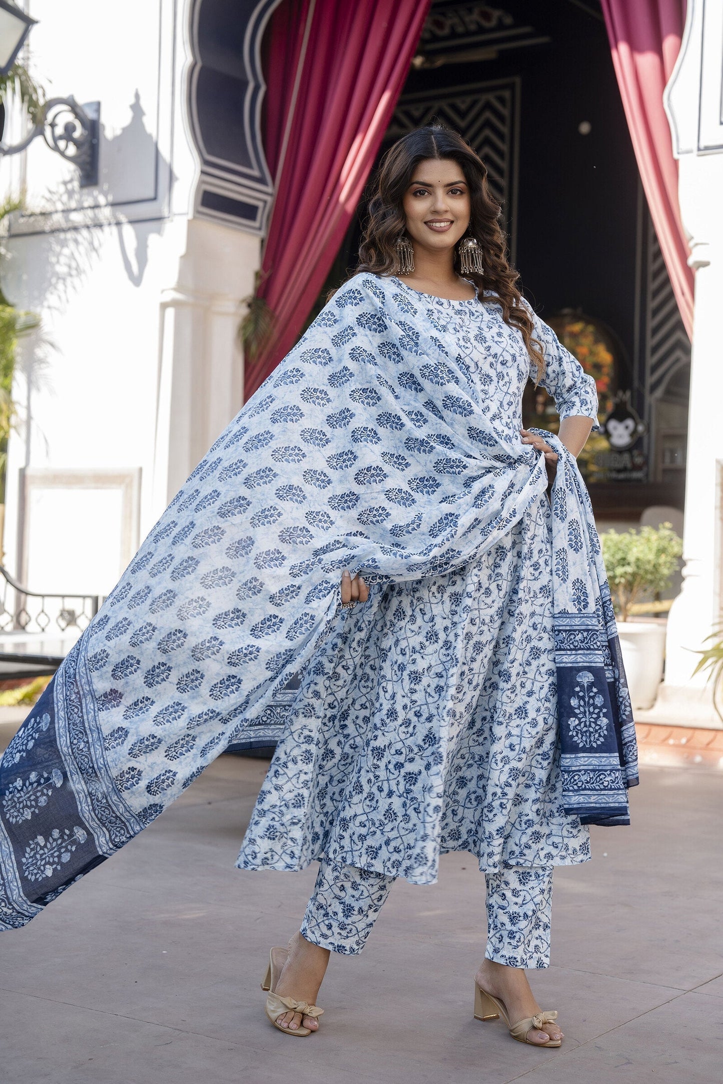 Women Blue Floral Printed Anarkali Kurta With Trouser And Dupatta | LASVINI - Redefining Indian Fashion with Elegance