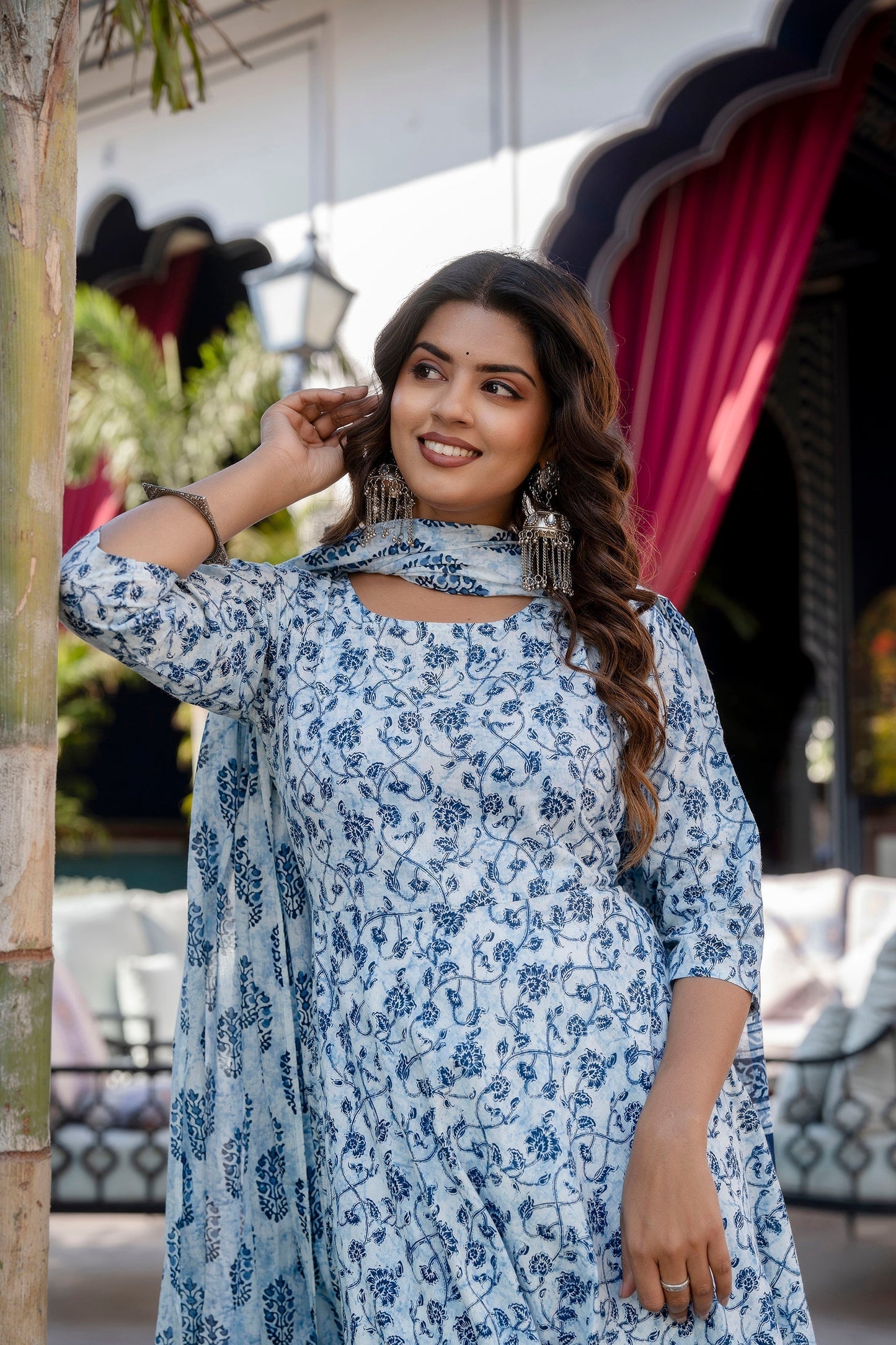 Women Blue Floral Printed Anarkali Kurta With Trouser And Dupatta | LASVINI - Redefining Indian Fashion with Elegance