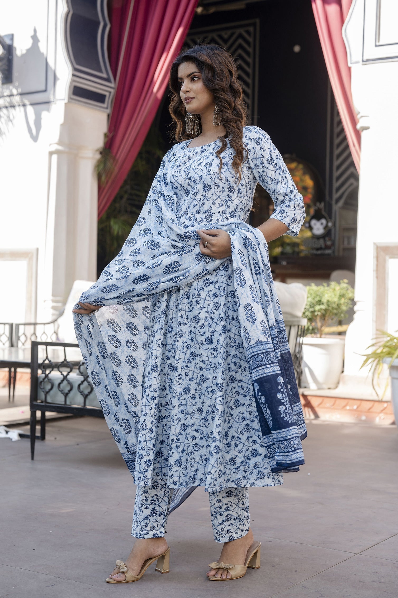 Women Blue Floral Printed Anarkali Kurta With Trouser And Dupatta | LASVINI - Redefining Indian Fashion with Elegance