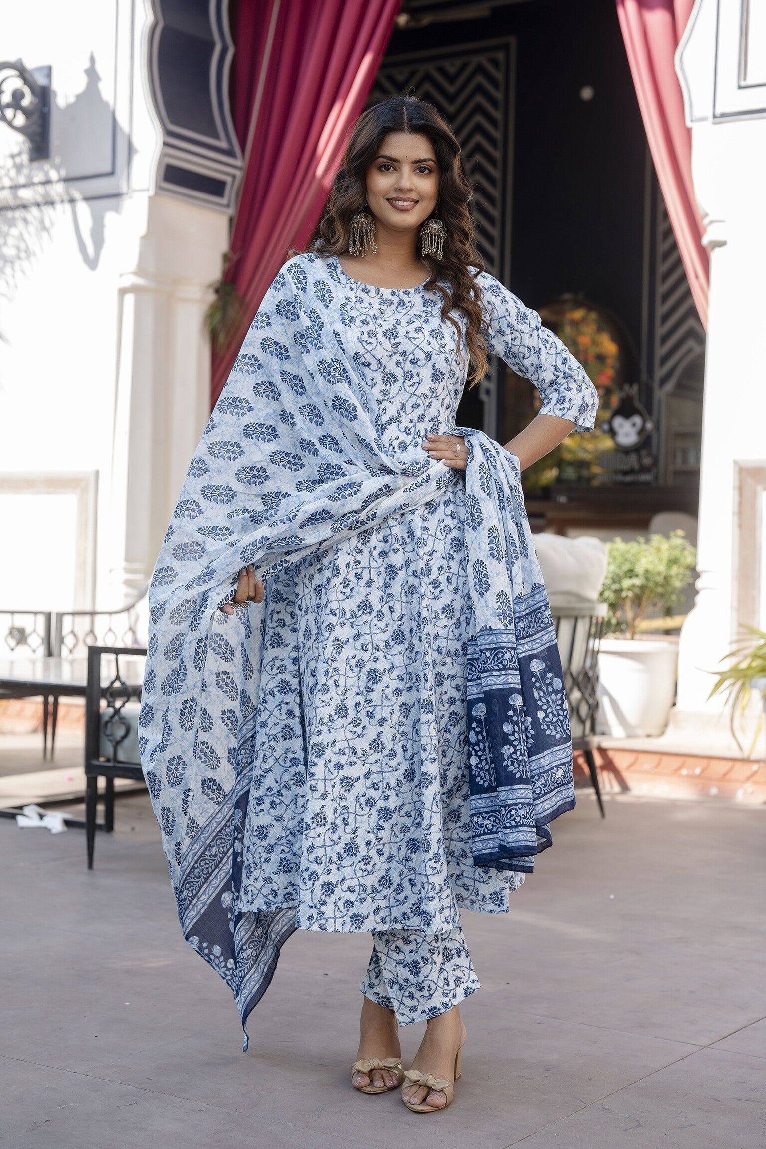 Women Blue Floral Printed Anarkali Kurta With Trouser And Dupatta | LASVINI - Redefining Indian Fashion with Elegance