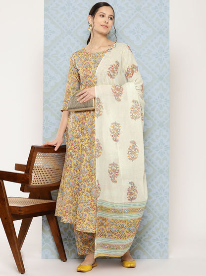 Women Yellow Printed Anarkali Kurta With Trouser And Dupatta | LASVINI - Redefining Indian Fashion with Elegance