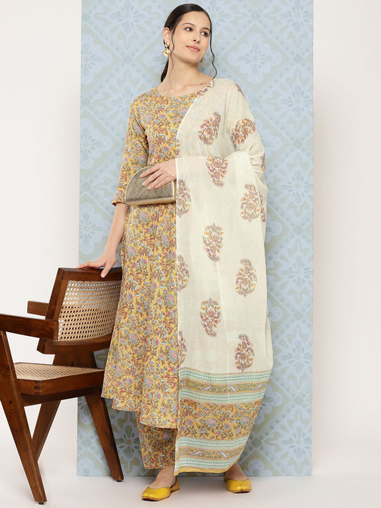 Women Yellow Printed Anarkali Kurta With Trouser And Dupatta | LASVINI - Redefining Indian Fashion with Elegance