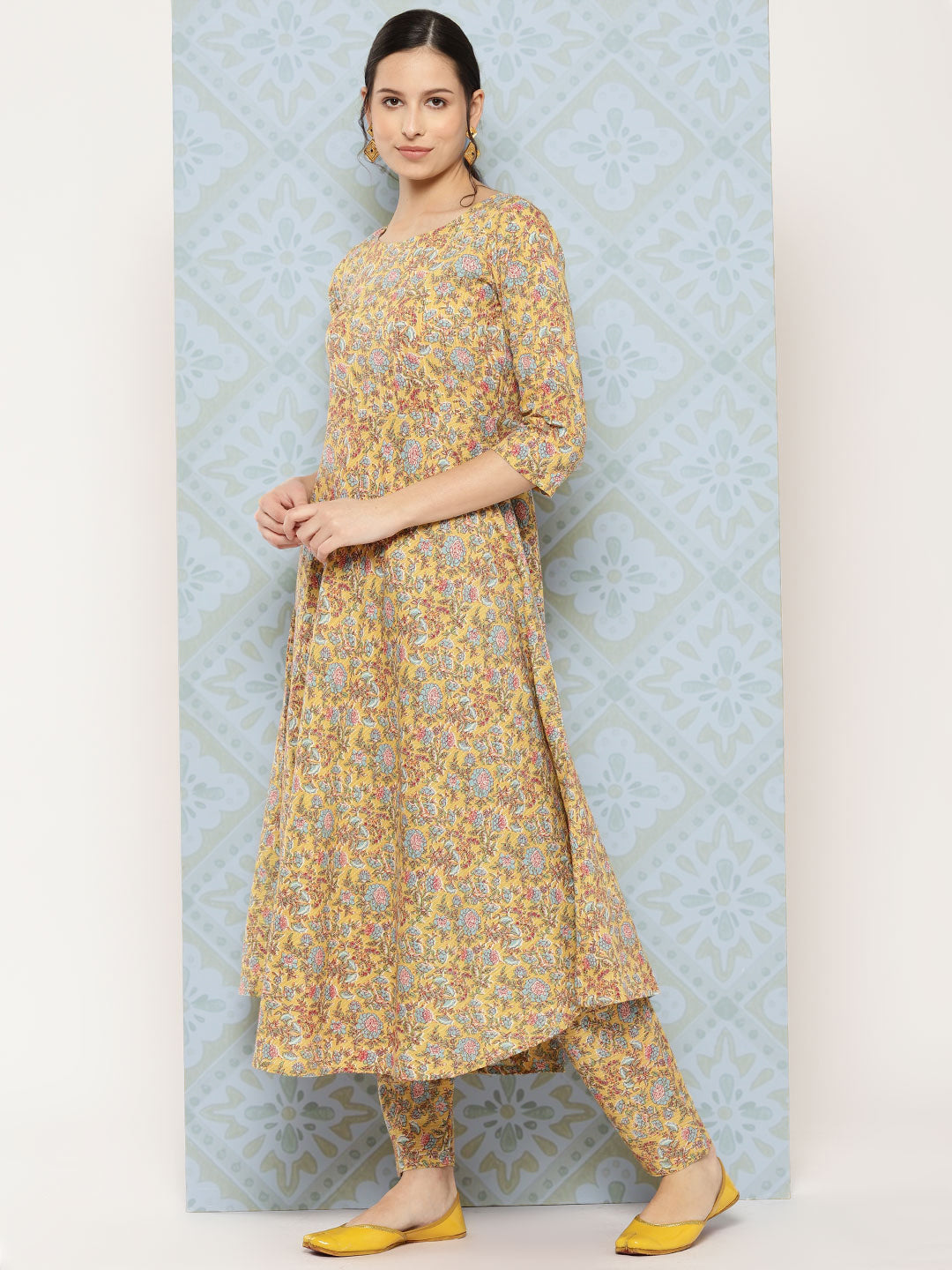 Women Yellow Printed Anarkali Kurta With Trouser And Dupatta | LASVINI - Redefining Indian Fashion with Elegance