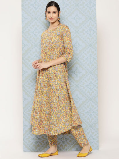 Women Yellow Printed Anarkali Kurta With Trouser And Dupatta | LASVINI - Redefining Indian Fashion with Elegance