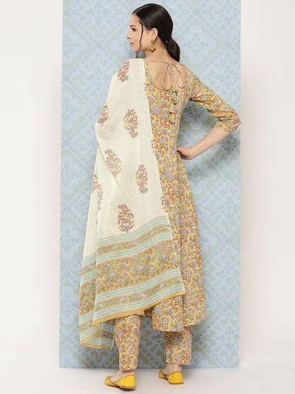 Women Yellow Printed Anarkali Kurta With Trouser And Dupatta | LASVINI - Redefining Indian Fashion with Elegance