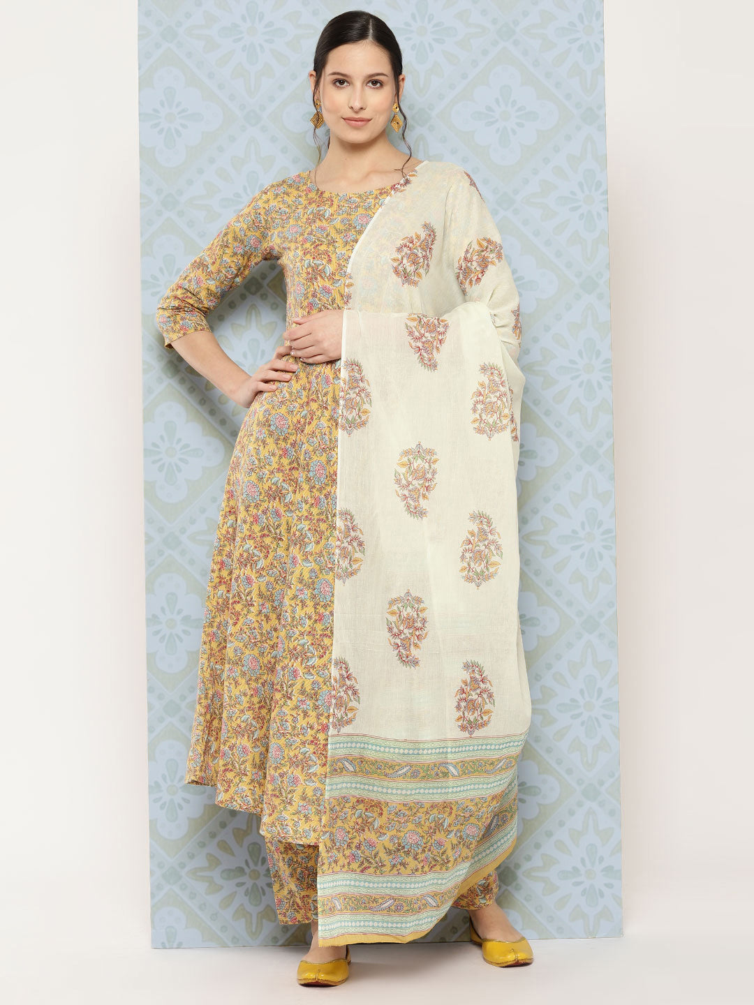 Women Yellow Printed Anarkali Kurta With Trouser And Dupatta | LASVINI - Redefining Indian Fashion with Elegance
