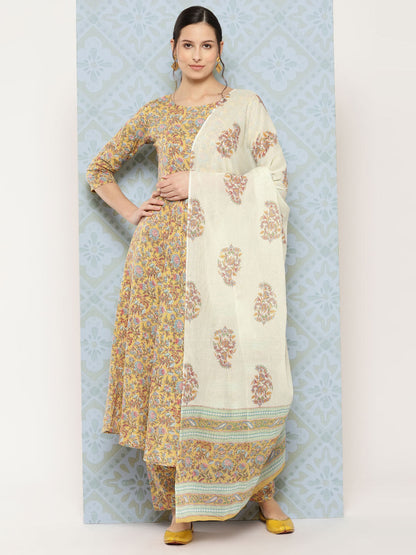 Women Yellow Printed Anarkali Kurta With Trouser And Dupatta | LASVINI - Redefining Indian Fashion with Elegance