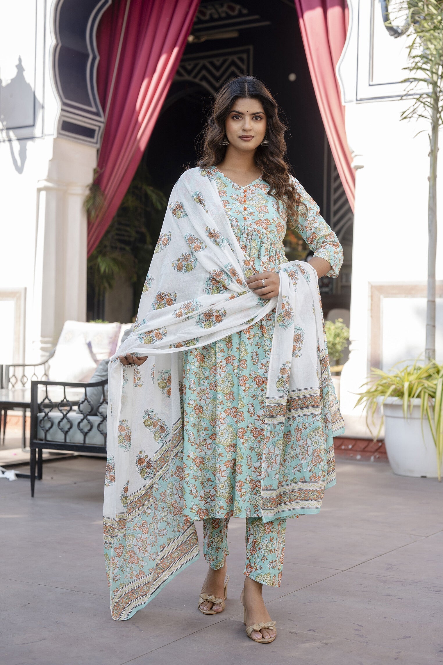 Women Green Printed Gathered Kurta And Trouser With Dupatta | LASVINI - Redefining Indian Fashion with Elegance